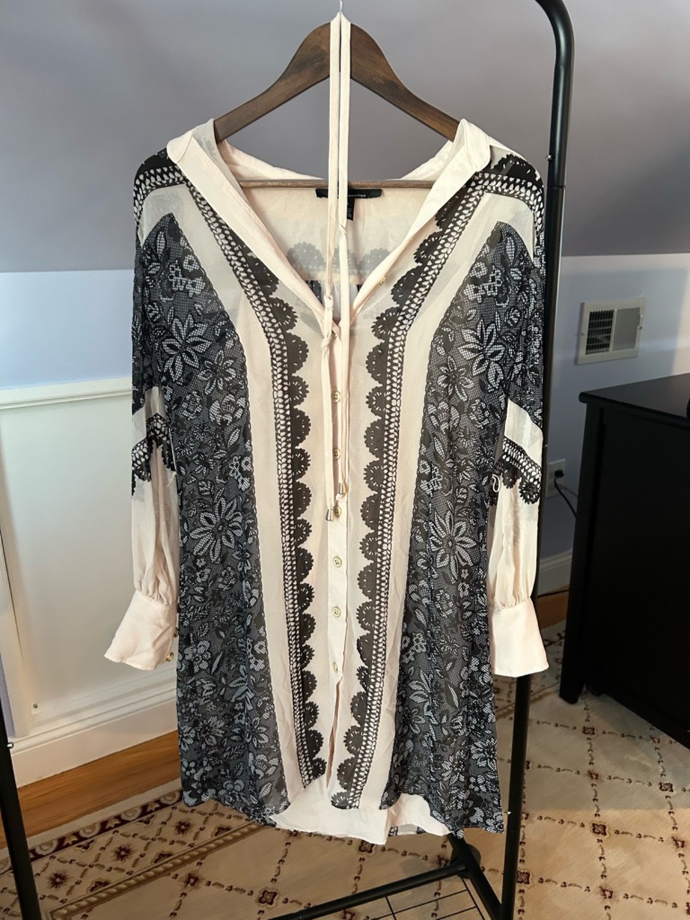 White House Black Market Ivory and Black Floral Blouse